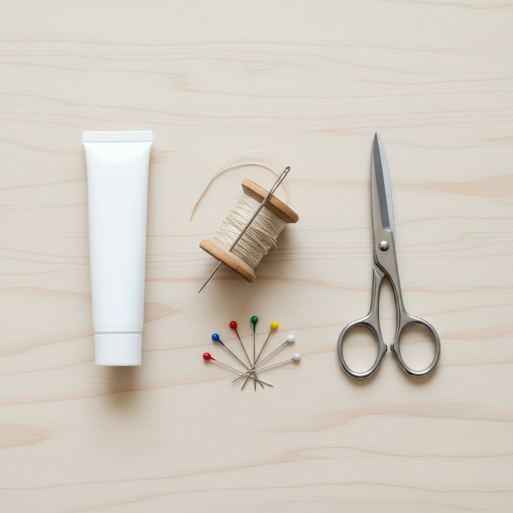 A flat lay arrangement on a clean, light wooden surface. Display essential hand-sewing tools: a sharp sewing needle, a small spool of natural-colored cotton thread, a compact pair of fabric scissors, a few colorful straight pins with spherical heads, and a small, minimalist tube of fabric glue. No sewing machine is visible, emphasizing the 'no machine' aspect. The composition is tidy and well-lit. Style: Flat lay photography, clean, bright, minimalist aesthetic.