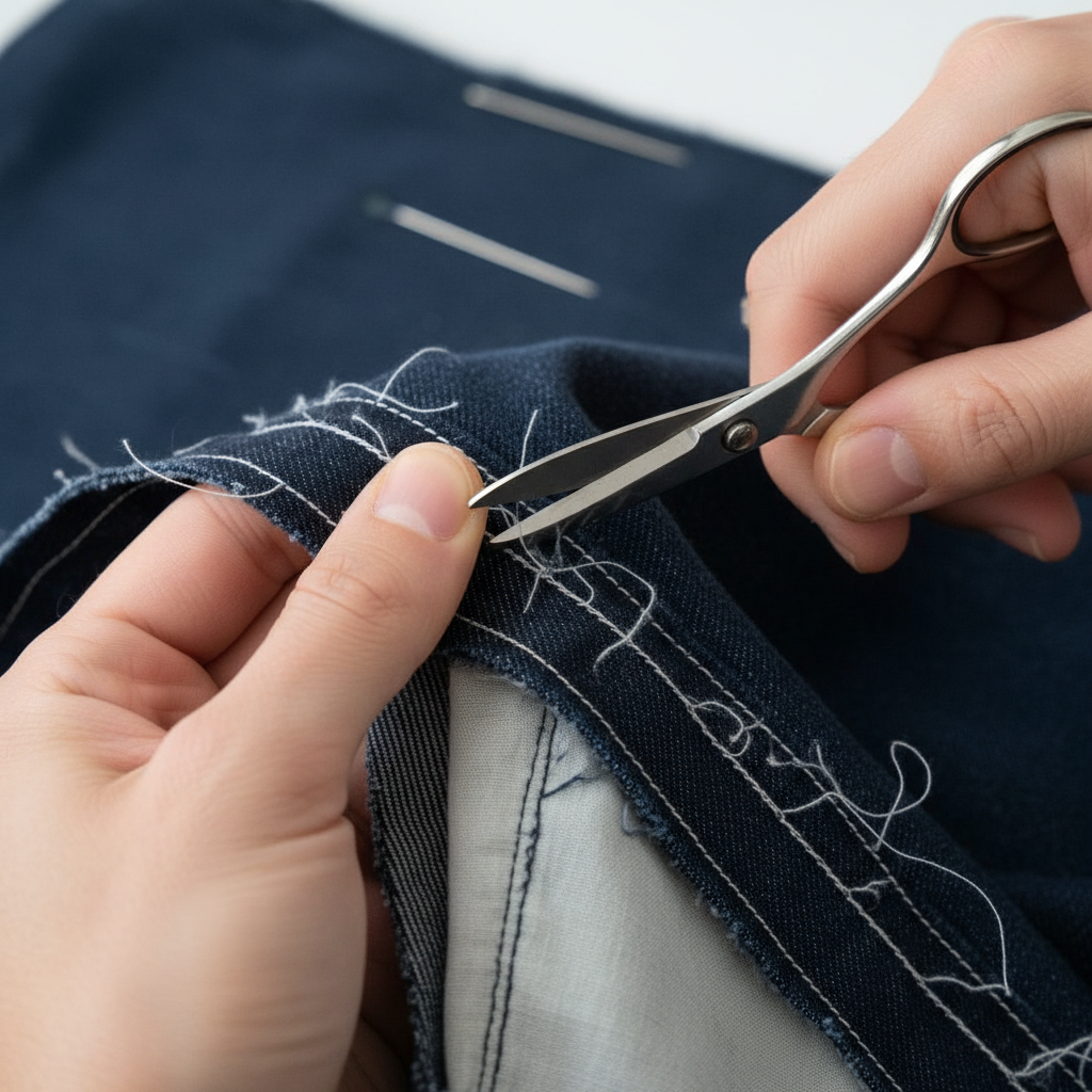 A pair of gender-neutral hands meticulously trimming loose, frayed threads from the inside-out seam of a dark blue fabric garment, possibly trousers or a skirt, using small, sharp fabric scissors. In the background, slightly out of focus, a few straight pins are visible, holding the open seam edges together. The focus is on the precision of the trimming. Style: Professional photo, close-up, detailed, soft focus background, natural lighting.