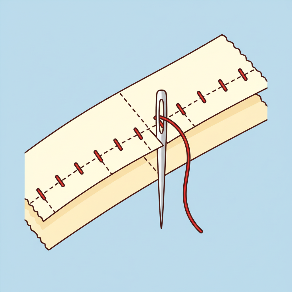 An infographic-style illustration demonstrating the process of hand-stitching to close an open seam. A magnified view shows a needle pulling a contrasting colored thread through two layers of solid-colored fabric to create a series of neat, evenly spaced straight stitches (Geradstich). The stitch formation is clearly visible, highlighting the entry and exit points of the needle. Style: Flat illustration, infographic style, clean lines, simplified, clear, easy to understand.