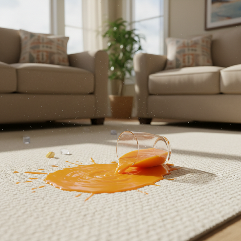 A vibrant, professional photo of a spilled glass of orange juice on a light-colored carpet, with a distinct, bright orange stain spreading. In the background, a sunny living room scene. The image should evoke a sense of a common household mishap, emphasizing the initial mess before cleaning.