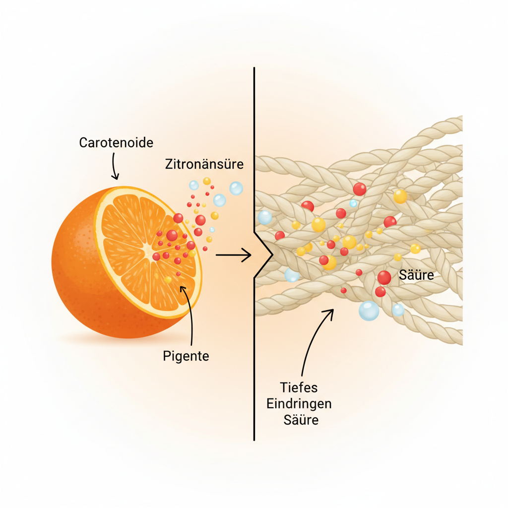 A detailed infographic-style illustration depicting the science behind orange juice stains. One side shows an orange producing tiny, brightly colored pigment particles (carotenoids) and small acid droplets (citric acid). The other side shows these particles and droplets penetrating deep into fabric fibers, with labels for 'Pigmente' and 'Säure' and arrows indicating their deep penetration. The style should be clean and informative.