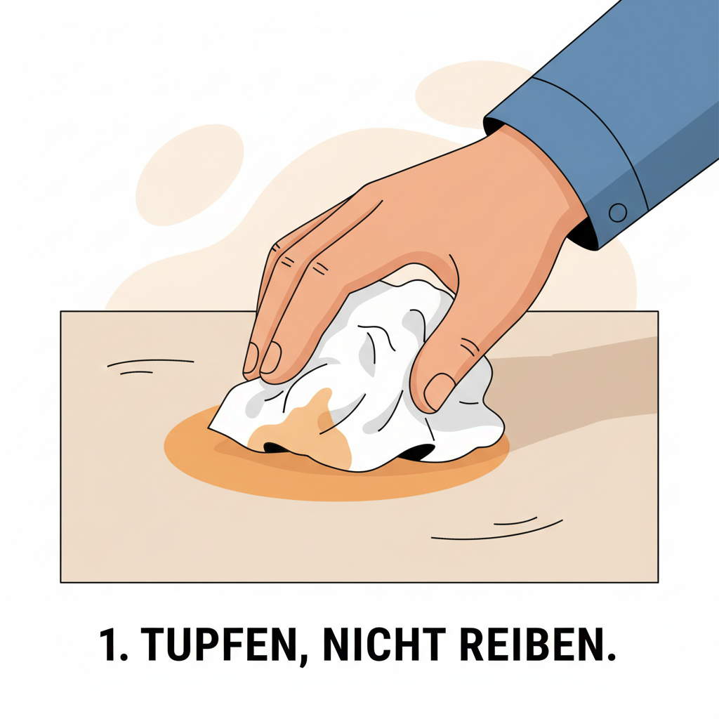 A sequence of three flat illustrations demonstrating the 'Schnelles Handeln' steps. Image 1: A hand gently dabbing a fresh orange stain on a fabric with a white paper towel (not rubbing). Image 2: A hand holding a faucet, with cold water running onto the stained fabric. Image 3: A simple bowl with a few drops of mild soap and water, ready to be mixed, symbolizing the 'sanfte Reinigungslösung'. Each image should be distinct but visually connected.