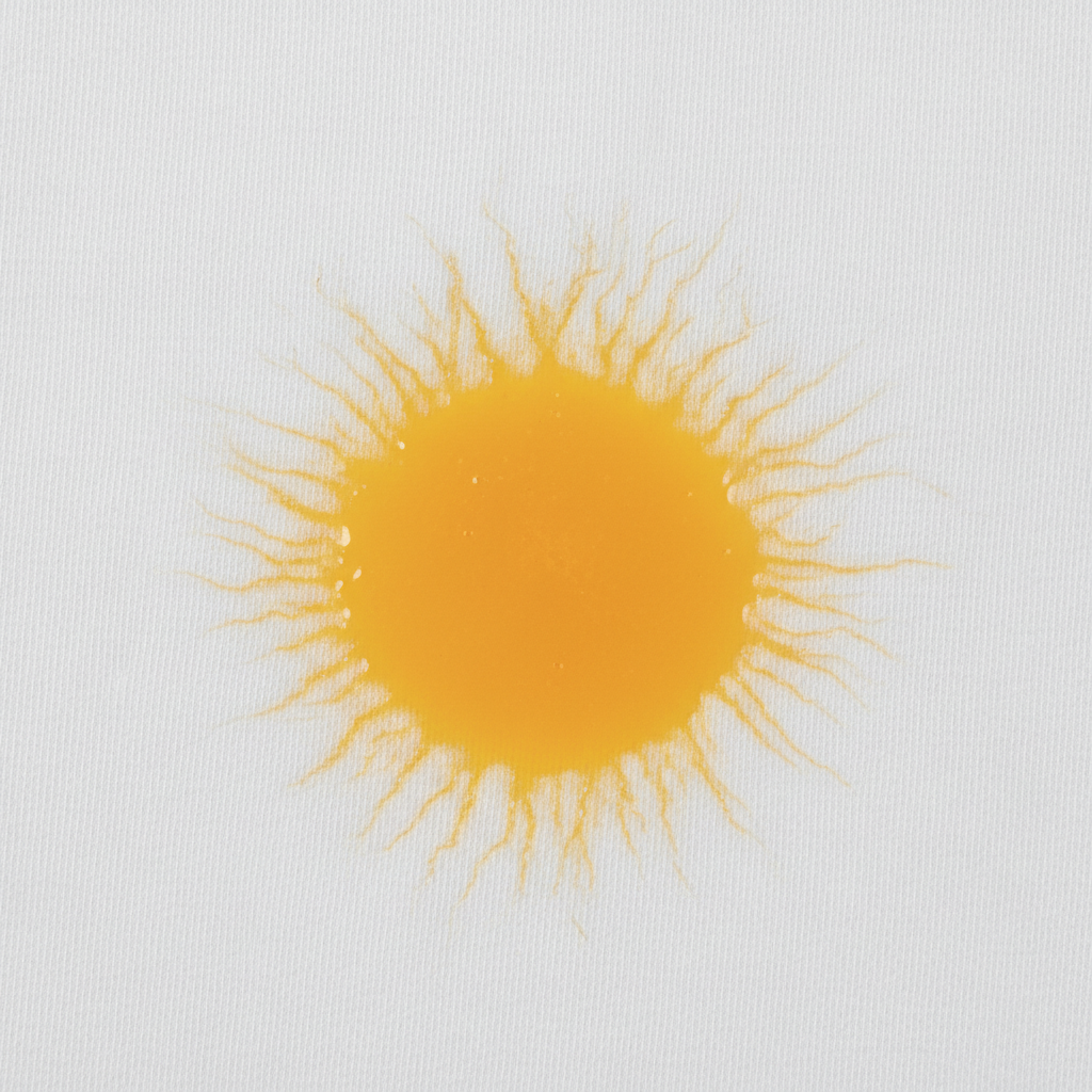 A close-up, professional studio photo of a common item of clothing (e.g., a white t-shirt) with a fresh, isolated orange juice stain. The focus should be sharply on the stain and the fabric texture, highlighting the bright color and the potential for deep absorption. The lighting should be bright and uniform.