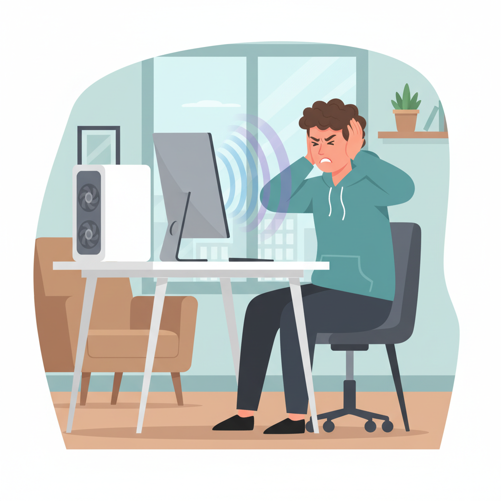 A dynamic, modern flat illustration depicting a person at a desk, clearly frustrated by a loud computer. The person has their hands lightly pressed against their ears or shows a slightly pained expression, looking towards a minimalist desktop PC tower. Subtle, abstract visual elements, like gentle, expanding ripples or blurred lines, emanate from the PC, suggesting sound without explicit sound waves or text. The background is a calm, modern office or home setting, contrasting with the person's discomfort. The overall mood should convey the nuisance of a noisy system.