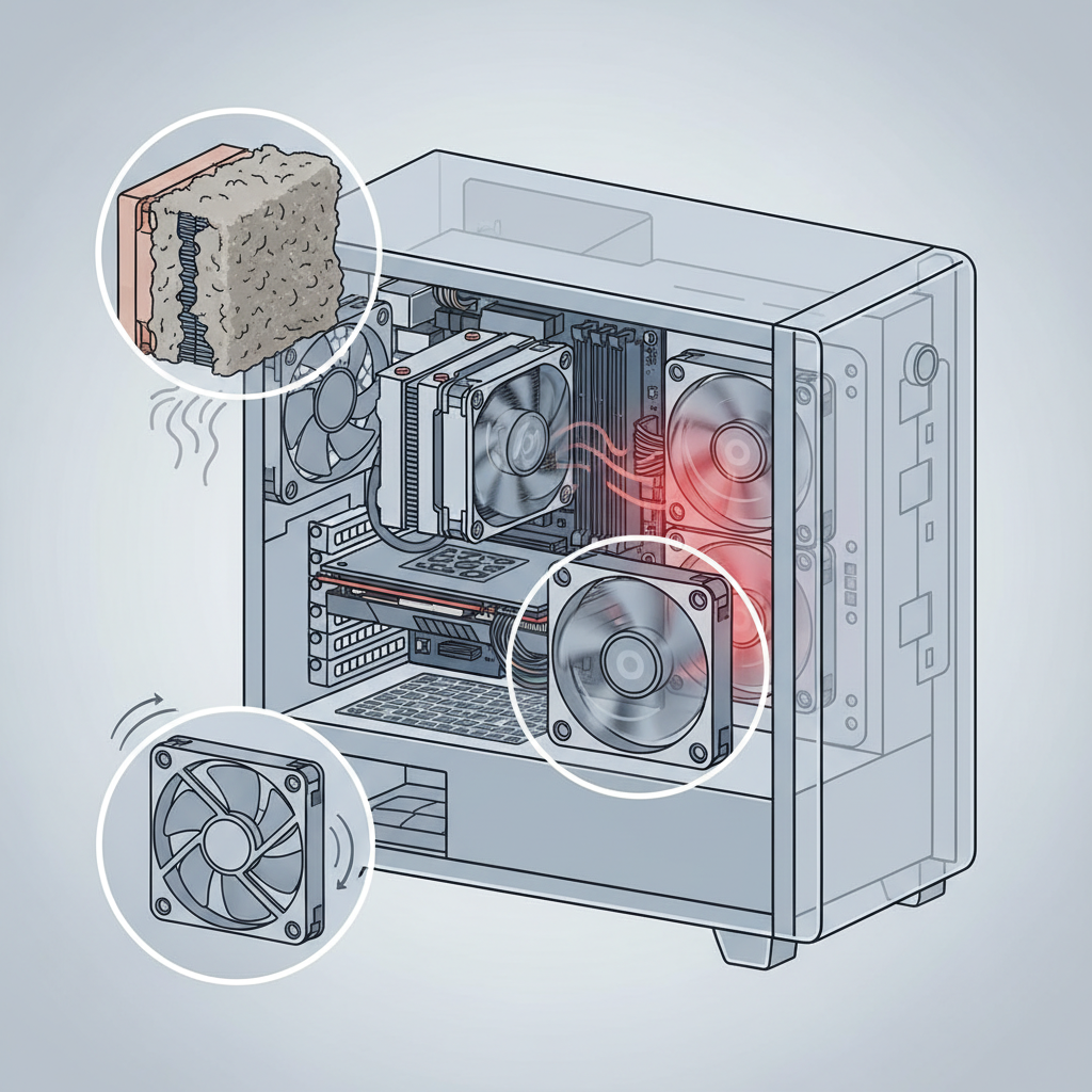 An infographic-style cutaway illustration of a desktop PC tower, revealing its internal components. Focus on three distinct problematic areas: a CPU cooler heavily caked with thick grey dust, indicating poor airflow; a set of rapidly spinning case fans with subtle red glow around components, symbolizing excessive heat; and perhaps a visually distinct, slightly misaligned or vibrating fan blade on another fan, suggesting a mechanical issue. Use clear, distinct visual cues to represent each problem, maintaining a clean, educational aesthetic.