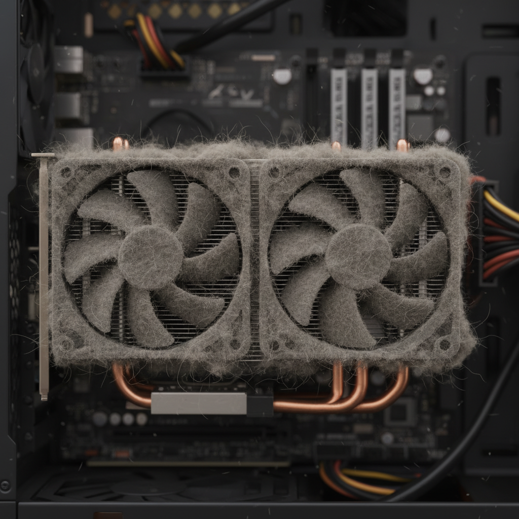 A highly detailed, macro-style digital painting or realistic rendering showing a close-up of a PC component severely impacted by dust. The central focus is a CPU fan or a section of a GPU heatsink, completely matted with thick, visible layers of grey and brown dust accumulation. The dust should be realistically rendered, obscuring the fan blades and filling the gaps between heatsink fins, clearly demonstrating how airflow would be significantly impeded. The background is softly blurred, keeping the dust a sharp, undeniable focal point.