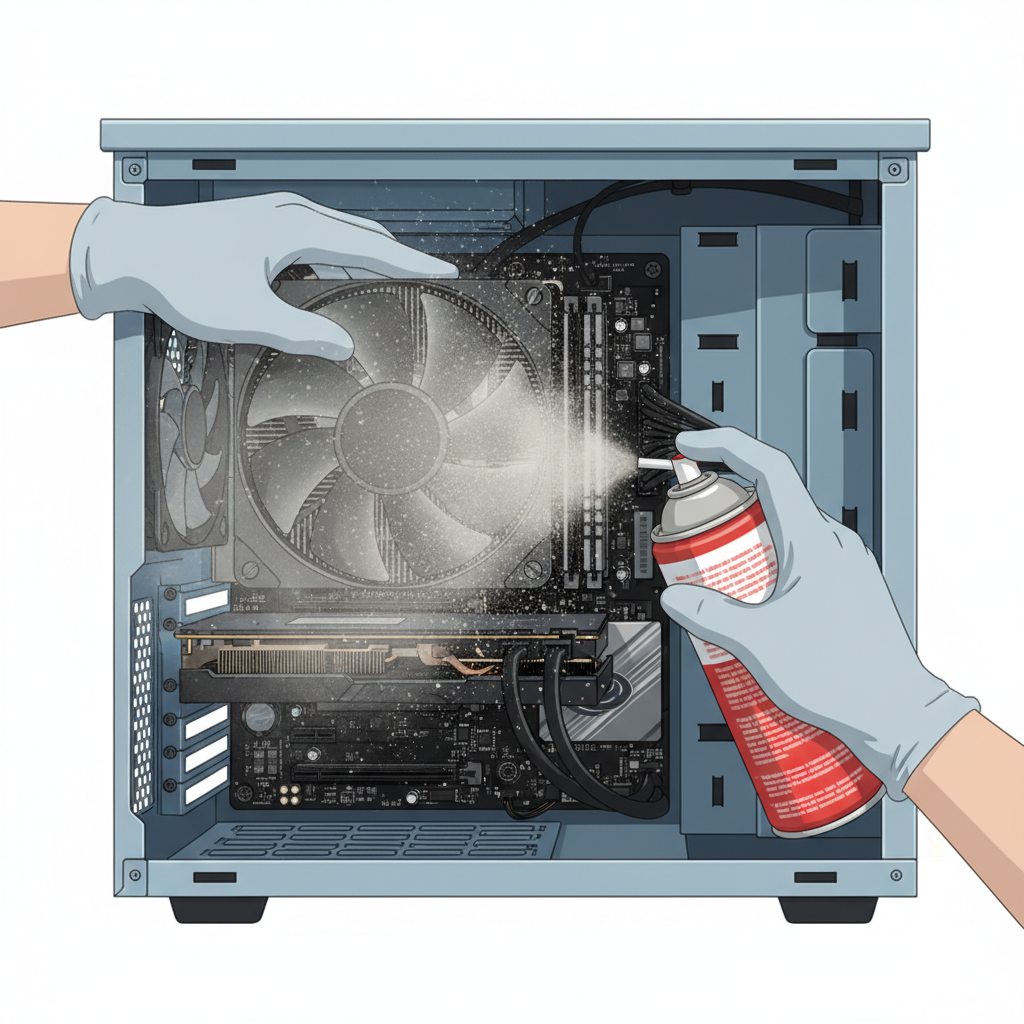 A professional, step-by-step style photo or realistic illustration capturing the act of cleaning a PC fan. A pair of hands, wearing light gloves (optional but adds professionalism), uses a can of compressed air to effectively dislodge dust from the blades of an open PC case fan or CPU fan. One hand firmly holds the fan blades to prevent excessive spinning, while the other directs a stream of air. Visible puffs or clouds of dust are shown dissipating from the fan, conveying the cleaning process in action. The interior of the PC is visible in a clean, well-lit manner.