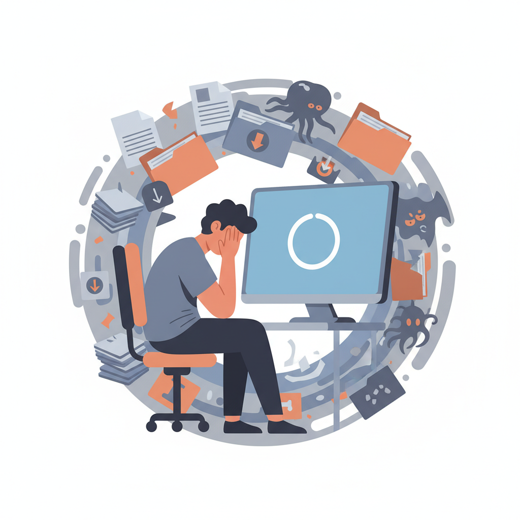 A flat illustration depicting a user sitting frustrated in front of a desktop computer. The screen shows a spinning loading icon. Around the computer, abstract visual elements representing digital clutter are floating: messy piles of generic document icons, overflowing download folders, broken file fragments, and faint, shadowy shapes hinting at malware or unnecessary background processes, all rendered in muted, somewhat chaotic colors to emphasize the feeling of being overwhelmed.