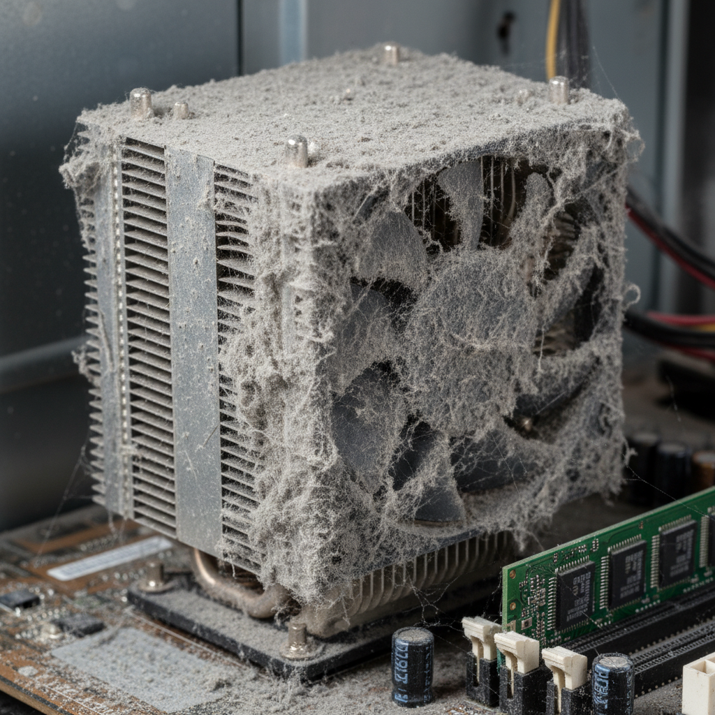 A detailed, realistic product photograph focusing on the interior of a desktop PC. The central focus is a CPU heatsink and its fan, both heavily caked with thick layers of grey dust and fine cobwebs, significantly obstructing the fins. Surrounding components like a RAM stick and part of the motherboard are also visible, showing a lighter dusting. The lighting highlights the texture and density of the dust, emphasizing poor airflow and potential overheating.