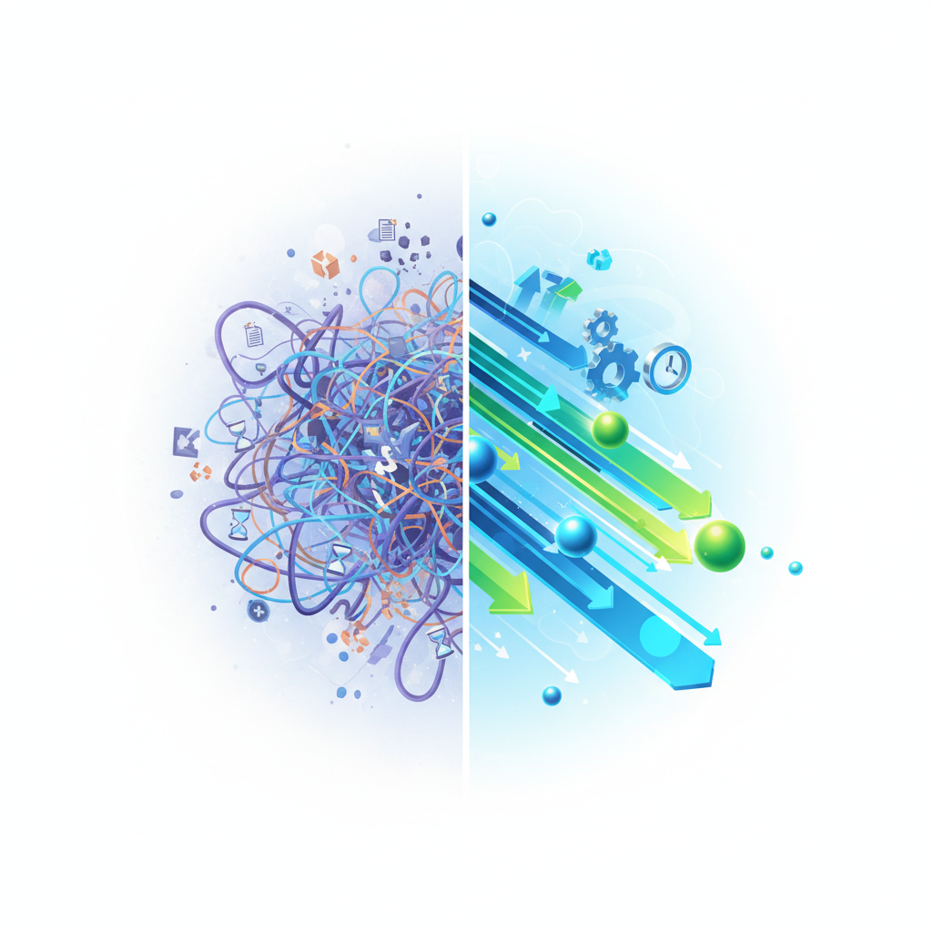 A clean, modern infographic illustration showing a conceptual 'before and after' of digital system optimization. On the 'before' side, a tangled, convoluted network of digital pathways is depicted, jammed with various generic icons representing temporary files, old software, and fragmented data. On the 'after' side, the same pathways are streamlined, wide, and clear, with data flowing smoothly and quickly, representing efficiency and speed.