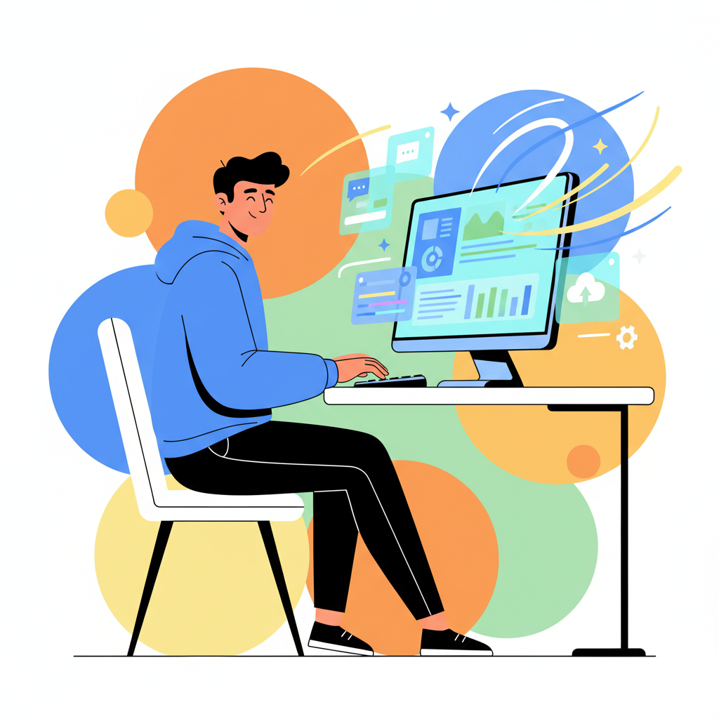 A vibrant, dynamic flat vector illustration of a person, appearing focused and content, working efficiently at a modern desktop computer. The screen displays a clean, responsive interface. Subtle visual cues suggest speed and productivity, such as streaks of light or motion lines emanating from the computer, or a sense of effortless multitasking. The overall atmosphere is bright, optimistic, and conveys high performance and user satisfaction.
