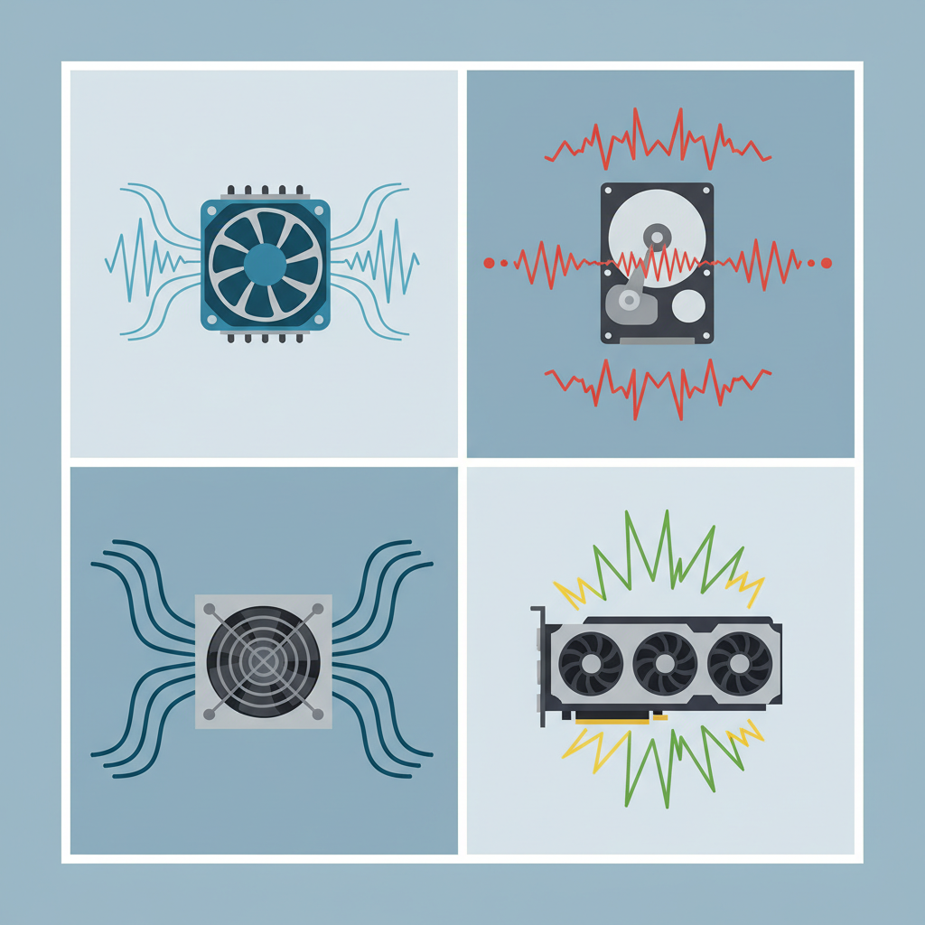 Eine Illustration im Infografik-Stil, die verschiedene interne PC-Komponenten zeigt, wobei jede mit einer bestimmten abstrakten visuellen Darstellung eines Geräuschtyps verbunden ist. Zum Beispiel ein CPU-Kühlerlüfter, der mit hochfrequenten, wellenförmigen Linien für 'Sirren' dargestellt wird, eine Festplatte mit gezackten, rhythmischen Linien für 'Rattern' und ein Netzteil mit dickeren, welligen Linien für 'Brummen'. Die Komponenten sind visuell klar abgegrenzt. Dies visualisiert die verschiedenen im Artikel genannten Geräuscharten. Stil: Saubere, moderne Flat Illustration mit einem klaren, segmentierten Layout.