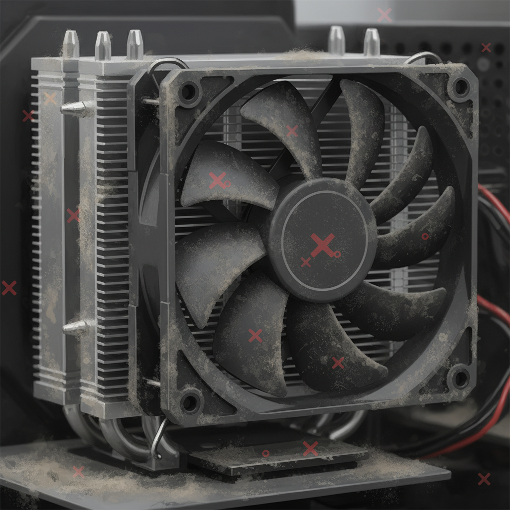 Eine detaillierte, illustrative Nahaufnahme eines internen Lüfter- und Kühlkörperverbunds eines Desktop-PCs. An den Lüfterblättern, den Lamellen des Kühlkörpers und den umliegenden Bereichen sind deutliche Ansammlungen von dickem, grauem Staub und Schmutz zu erkennen. Kleine, subtile rote Kreuze oder 'x'-Formen sind über den Staub gelegt, um visuell die Verstopfung und Ineffizienz zu betonen und auf ein Problem hinzuweisen. Der Hintergrund ist unscharf, um den Fokus auf die staubigen Komponenten zu halten. Stil: Realistisches Digitalgemälde oder eine hochdetaillierte technische Illustration, die die Textur von Staub und Metall hervorhebt.