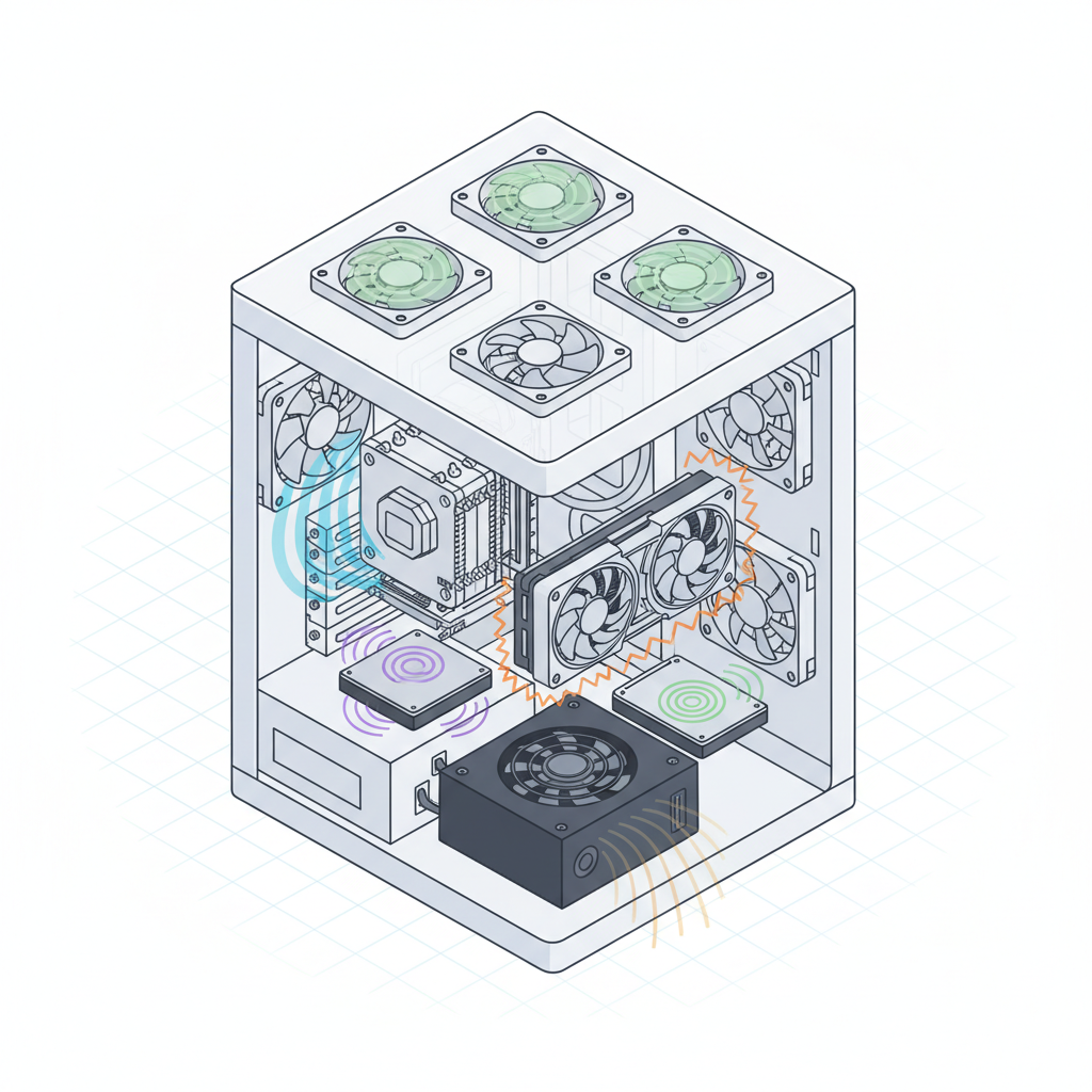 Eine isometrische, leicht gesprengte Ansicht eines Desktop-Computergehäuses. Wichtige interne Komponenten, die für Geräusche bekannt sind, wie der CPU-Kühler, mehrere Gehäuselüfter (vorne, hinten, oben), die Grafikkarte (mit ihren Lüftern), die Festplatte (HDD) und das Netzteil (PSU), sind subtil vom Hauptgehäuse abgelöst. Jede geräuschanfällige Komponente sendet eine schwache, einzigartige abstrakte Aura oder ein Vibrationsmuster um sich herum aus, was auf mögliche Geräuschquellen hindeutet. Stil: Saubere, moderne isometrische Vektorgrafik mit einer technischen Diagramm-Ästhetik.