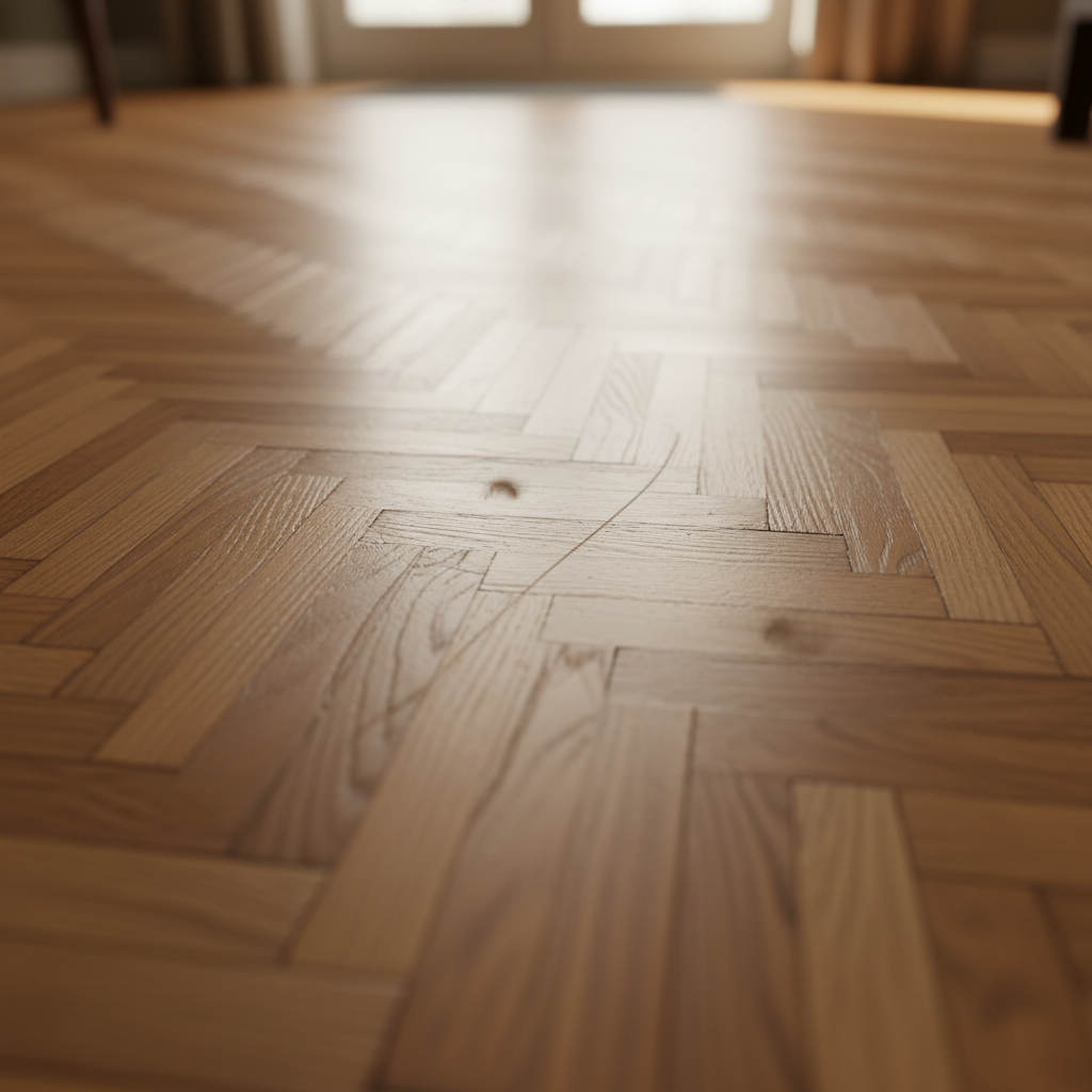 A high-angle, close-up shot of a beautiful, warm-toned wooden parquet floor. The focus is on a few distinct but not overly severe scratches marring the surface, hinting at everyday wear. Subtle, blurred elements in the background or foreground might suggest common causes, like the faint outline of a furniture leg drag mark or a soft paw print impression, without explicitly showing the objects. The overall lighting should be bright and inviting, showcasing the wood's grain and the contrast between the damaged and undamaged areas. Professional, realistic photo.