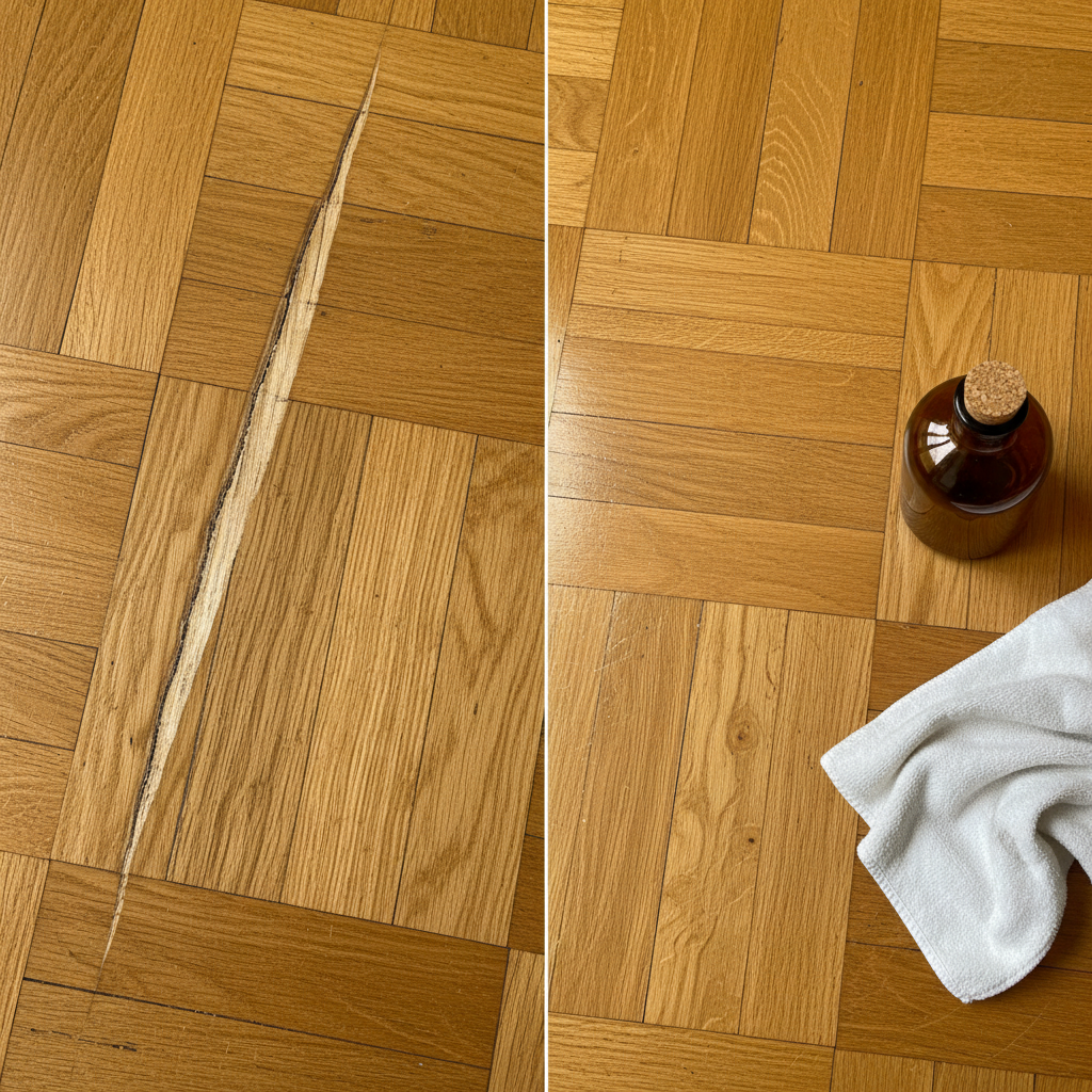 A 'before and after' split image showcasing the restoration of a parquet floor scratch. On the left side, a section of wooden parquet with a clear, visible scratch. On the right side, the exact same section of parquet, now appearing smooth and polished, with the scratch completely removed or significantly diminished. A soft, generic applicator cloth and a plain, unlabeled container of polish might be subtly visible near the 'after' section, implying the repair process. The lighting should highlight the restored shine and smooth texture of the wood. Professional photo, clean and focused.