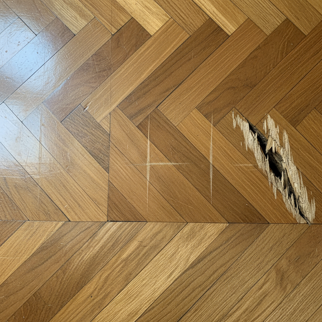 A close-up, high-angle view of a wooden parquet floor. The image is visually sectioned into three distinct areas, each illustrating a different type of scratch. The first section shows a very faint, superficial scratch, almost imperceptible, affecting only the top sealant layer. The second section displays a medium scratch, clearly visible and slightly indented into the wood, but not extremely deep. The third section features a deep, jagged gash or groove that has penetrated significantly into the wood, revealing underlying fibers. Realistic professional photo, emphasizing the authentic texture and grain of the wood with natural, soft lighting.