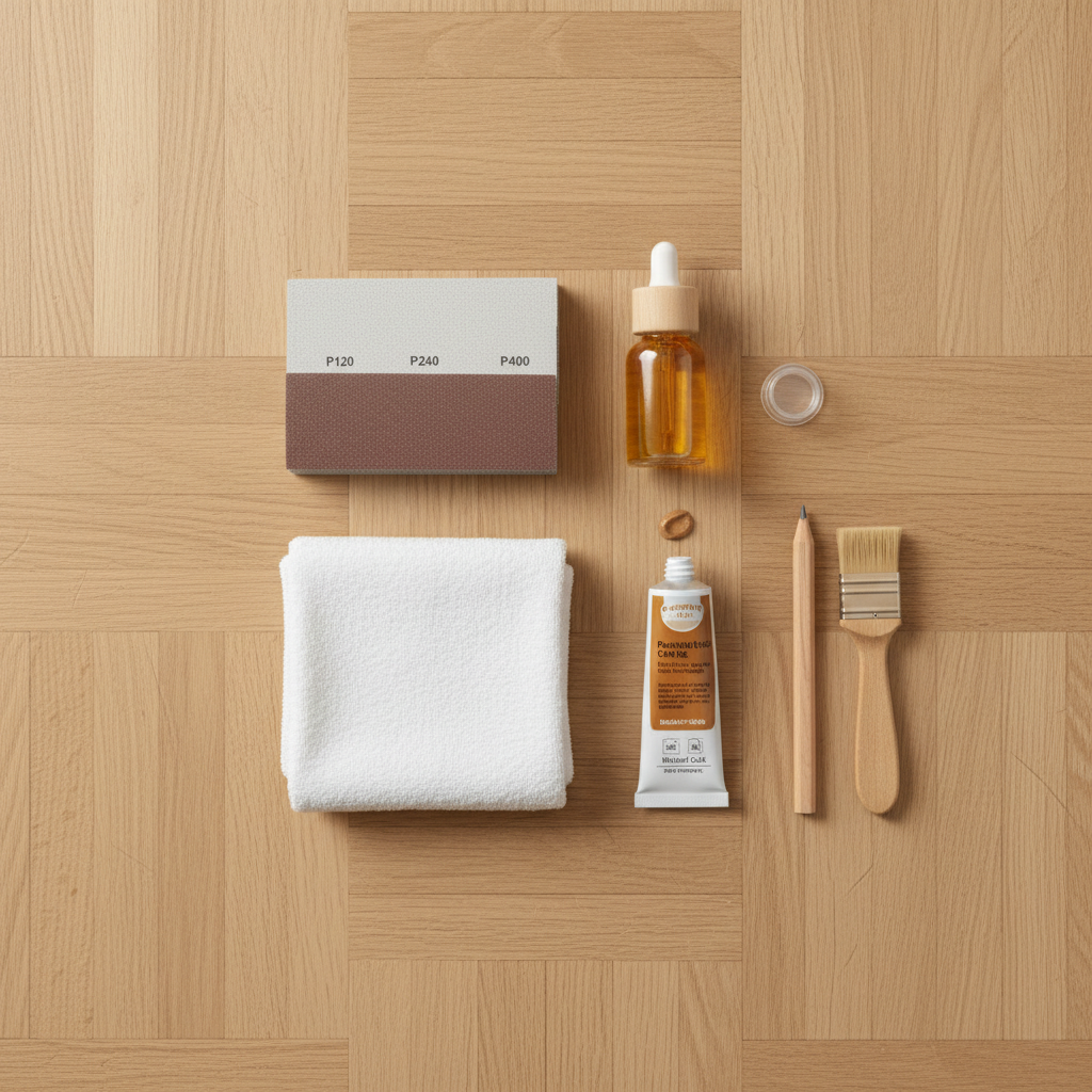 A high-angle flat lay photograph showcasing an organized collection of essential parquet floor repair materials on a clean, light-colored parquet background. The items are neatly arranged in a pleasing composition, including soft cleaning cloths, fine-grit sandpaper, a small bottle or container of parquet care oil, a tube of wood filler or repair wax in a neutral wood tone, a wood-matching color pencil, and a small brush. The focus is on clarity and neatness, highlighting the textures of each item. High-quality product photography, bright and clear, with a minimalist aesthetic.