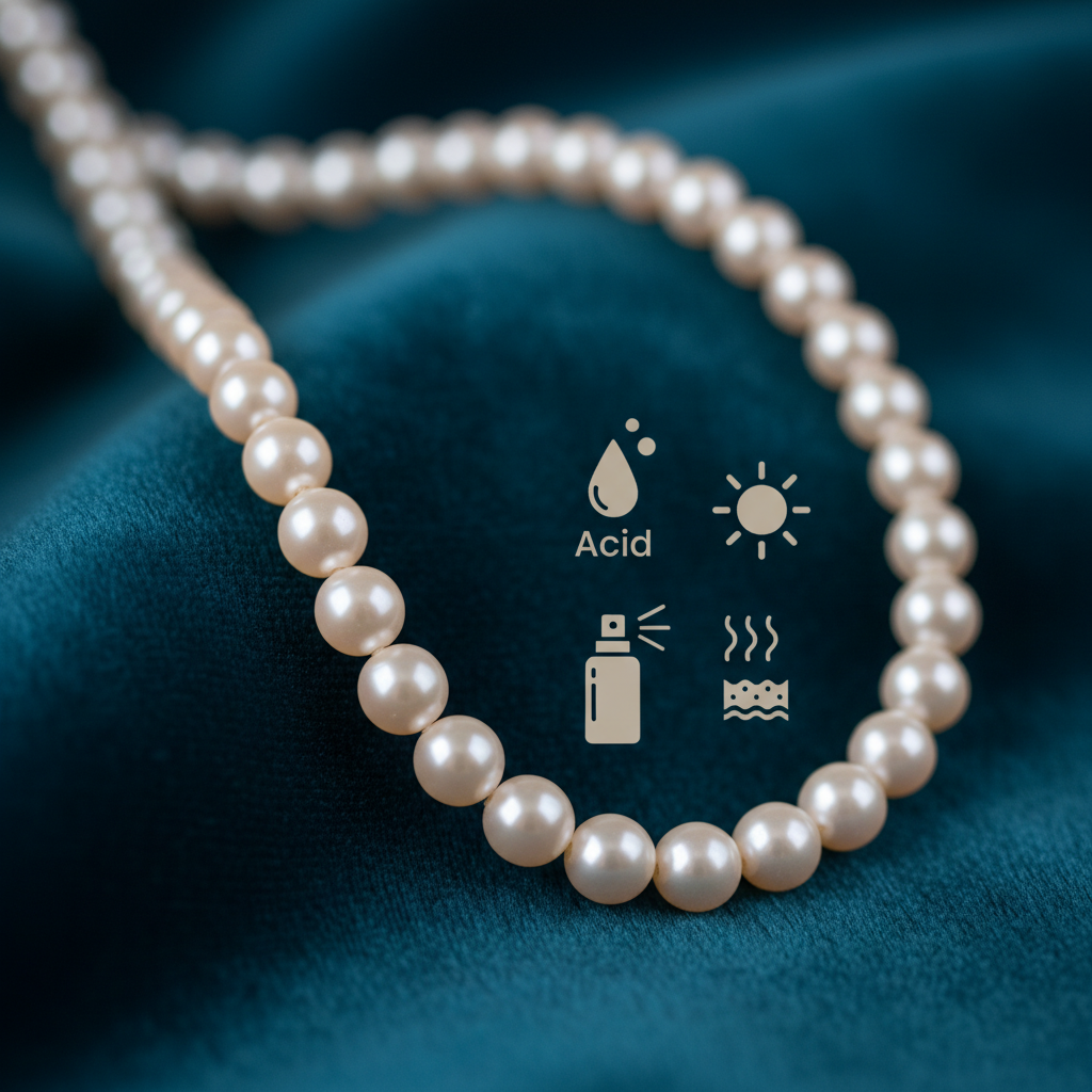 A vibrant, high-definition professional photo showcasing a beautiful, lustrous pearl necklace draped elegantly. Next to it, subtly placed, are small, illustrative icons representing factors that can harm pearls: a drop of acid, a spray bottle (for hairspray/perfume), a sun icon (for heat), and a tiny abrasive texture. The background should be clean and sophisticated, perhaps a soft, blurred jewel-toned fabric, to emphasize the pearls' natural beauty and vulnerability.