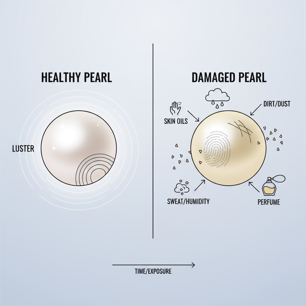 An infographic-style illustration depicting the 'anatomy' of a pearl necklace being affected by various elements. On one side, show a shimmering, perfect pearl with a subtle 'luster' glow. On the other side, overlays or arrows indicate common culprits: a fingerprint for skin oils, a small cloud for sweat, a tiny bottle with 'Perfume' label, and microscopic dirt particles settling on a duller, slightly discolored pearl. Use clean lines and a clear visual hierarchy to communicate the damage over time.