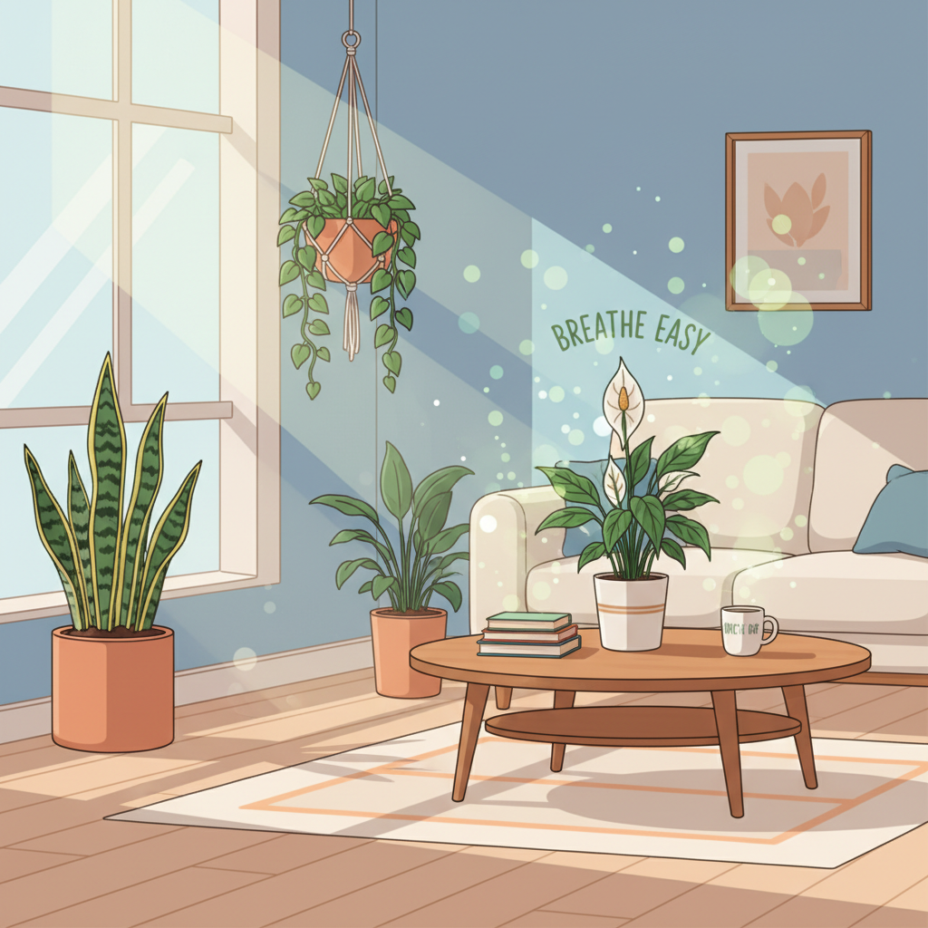 A vibrant, detailed flat illustration of a cozy living room scene. Sunlight streams through a window, illuminating several lush houseplants (e.g., a Snake Plant, Pothos, Peace Lily) strategically placed. The air in the room appears visibly clean and fresh, perhaps indicated by subtle, ethereal glowing particles around the plants. The overall feeling is one of peace and fresh air, emphasizing the transformative power of plants beyond mere decoration.