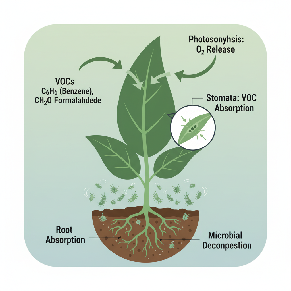 A clear, engaging infographic-style illustration depicting the scientific process of air purification by a houseplant. The illustration should show a plant (e.g., a simple, iconic leaf shape) with arrows indicating the absorption of VOCs (labeled with chemical symbols like C6H6 for Benzene, CH2O for Formaldehyde) through stomata on the leaves, and absorption by roots. Microorganisms in the soil around the roots should be small, active symbols. Text snippets or small icons explain 'Photosynthesis', 'VOC Absorption', and 'Microbial Decomposition'. The style should be clean, modern, and easily digestible, suitable for explaining a complex process.