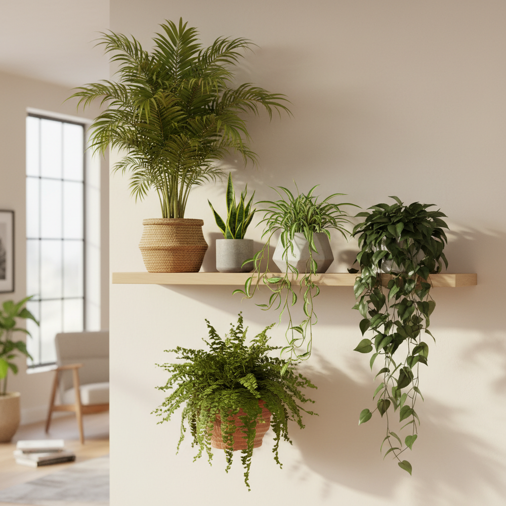 A stylized, professional photo of a variety of popular air-purifying houseplants (e.g., Areca Palm, Spider Plant, Boston Fern, English Ivy) arranged aesthetically on a shelf or table in a modern home setting. The lighting should be soft and natural, highlighting the lush green foliage and creating an inviting atmosphere. The focus is on the beauty and variety of these 'green heroes', subtly suggesting their function through their healthy, vibrant appearance.