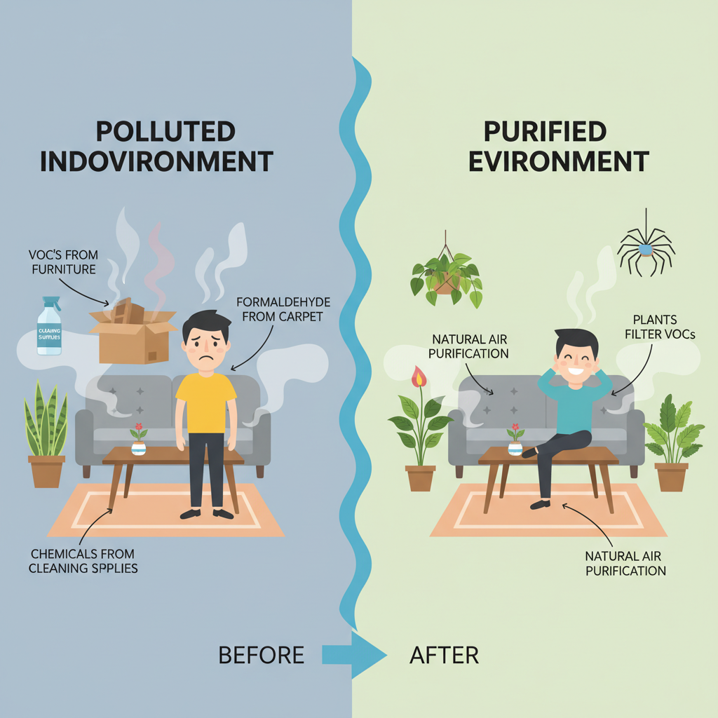 A diagrammatic illustration contrasting a 'polluted' indoor environment with a 'purified' one. The first half shows faint, swirling grey or red fumes emanating from furniture, carpets, and cleaning supplies, with a person looking slightly distressed. The second half, separated by a distinct line or a 'before/after' visual, shows the same room filled with several thriving houseplants. The air is visibly clear and bright, and the person appears relaxed and happy. Small explanatory labels like 'VOCs from furniture' and 'Plants filter VOCs' could be included. The style should be a crisp, educational flat illustration.