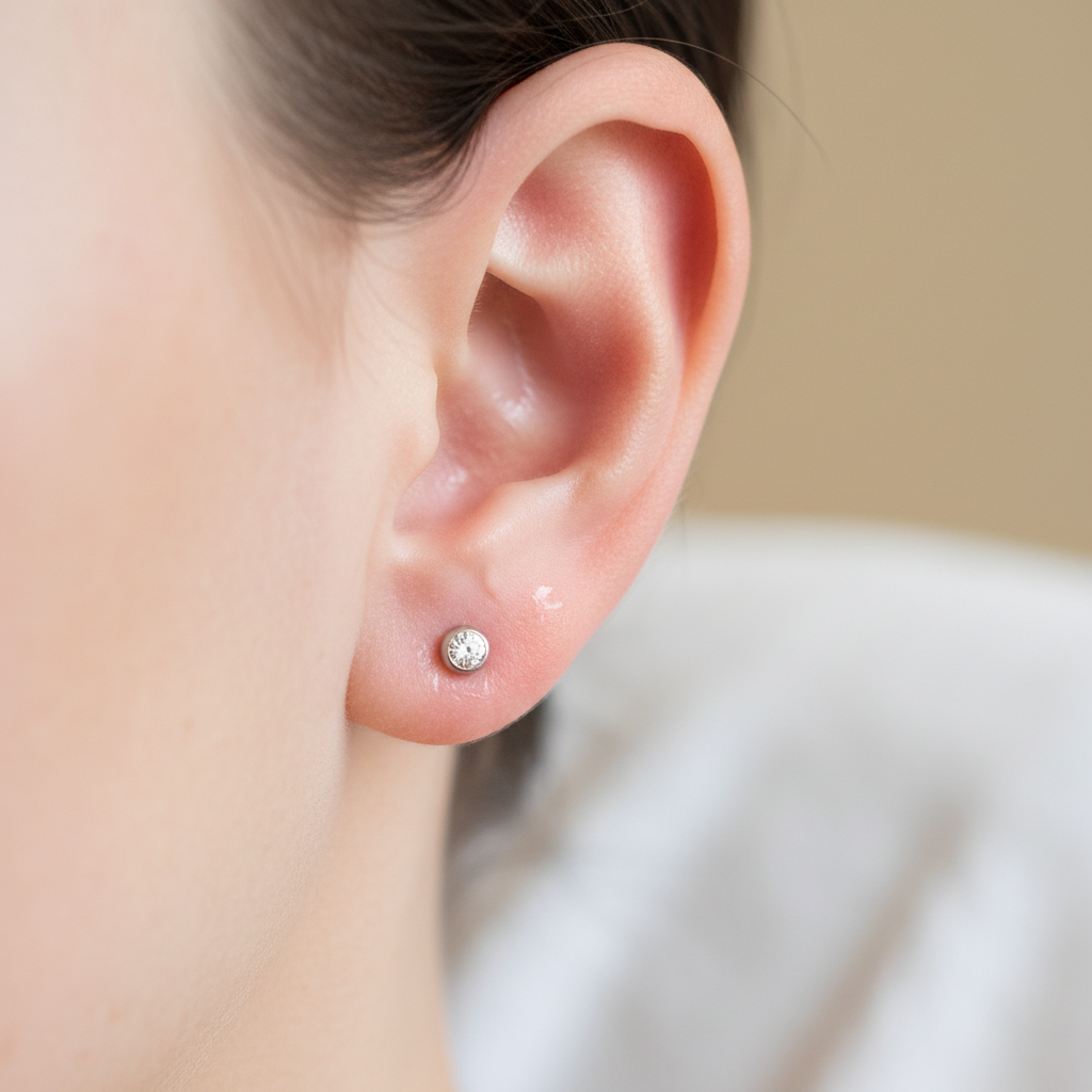 A close-up professional photo of a freshly pierced earlobe with a small, shiny stud, visibly clean and slightly red around the piercing site. Focus on the delicate nature of the new piercing, suggesting care and attention. The background should be softly blurred, highlighting the ear and jewelry. Lighting should be soft and natural.