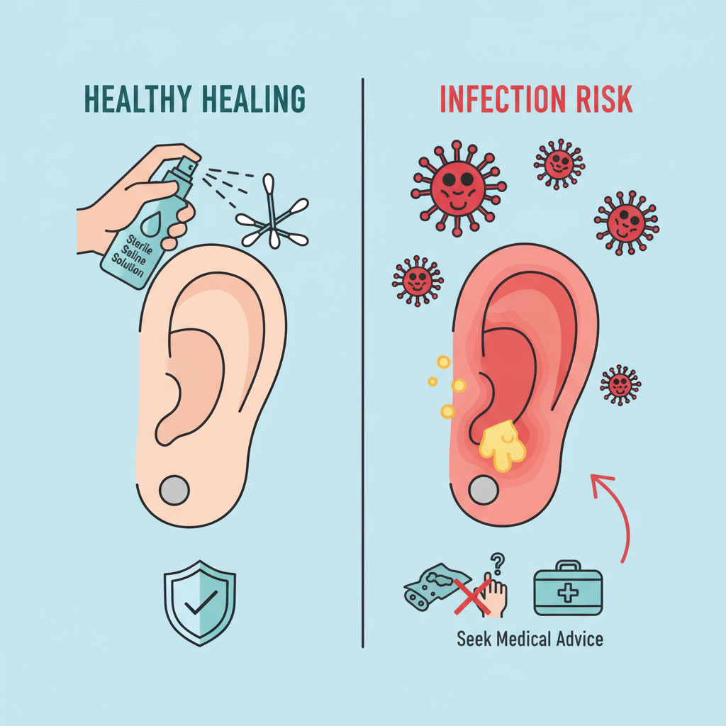 A flat illustration or infographic style image depicting the stages of piercing healing and the risks of infection. Show two contrasting panels: one illustrating a clean, healing piercing with beneficial elements like gentle cleaning solution and healthy skin, and the other showing an infected piercing with redness, pus, and harmful bacteria represented by small, stylized microbes. Use clear, simple icons for cleaning supplies and bacterial threats.