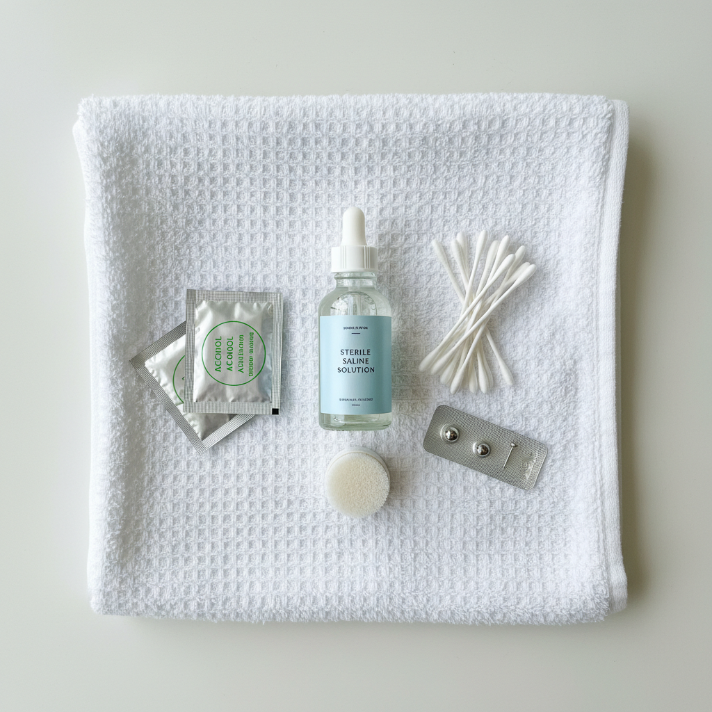 A detailed, professional overhead shot of various piercing cleaning supplies neatly arranged on a clean, white towel. Include items like a small bottle of saline solution, cotton swabs, and perhaps a small, new piercing stud. The arrangement should be aesthetically pleasing and convey a sense of meticulous hygiene and preparation.
