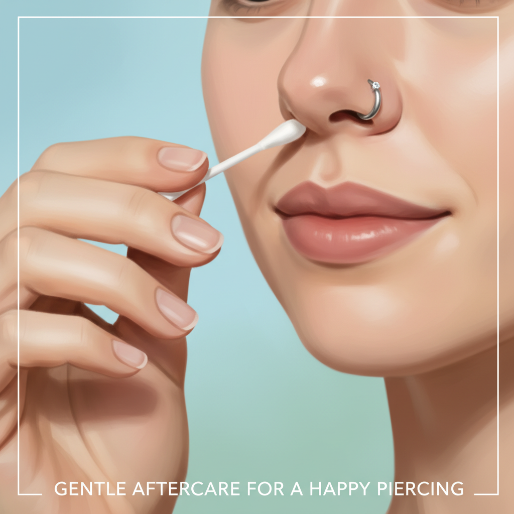 An artistic rendering or digital painting of a person gently cleaning a healed nose piercing with a cotton swab. The focus should be on the hands and the piercing area, showing a careful and delicate motion. The skin around the piercing looks healthy and smooth, and the jewelry is gleaming. The overall mood should be calm and instructional, emphasizing proper technique.