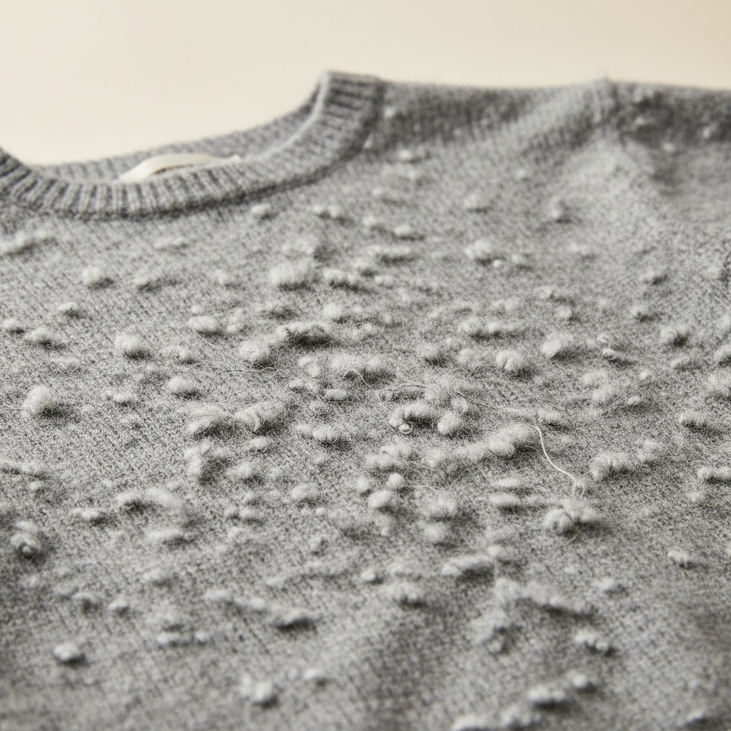 A close-up, professional studio photo of a soft, comfortable wool sweater, but with visible pilling (small, fuzzy balls) prominently displayed on its surface. The background is a soft, out-of-focus warm gray or cream, enhancing the contrast with the sweater's texture. The lighting is gentle and even, highlighting the unwanted texture of the pilling. This image should evoke a sense of frustration but also a desire for restoration.