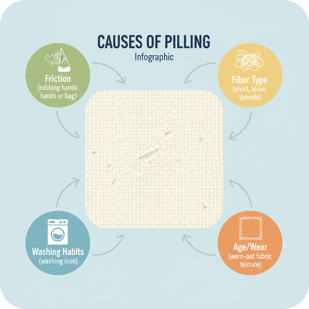 A clear, informative infographic-style illustration depicting the causes of pilling. The central image is a stylized, slightly worn fabric weave, with various arrows pointing from text bubbles or small icons representing 'Friction (rubbing hands or bag)', 'Fiber Type (short, loose threads)', 'Washing Habits (washing machine icon)', and 'Age/Wear (worn-out fabric texture)'. The color palette should be clean and muted, with effective use of iconography to convey information quickly.