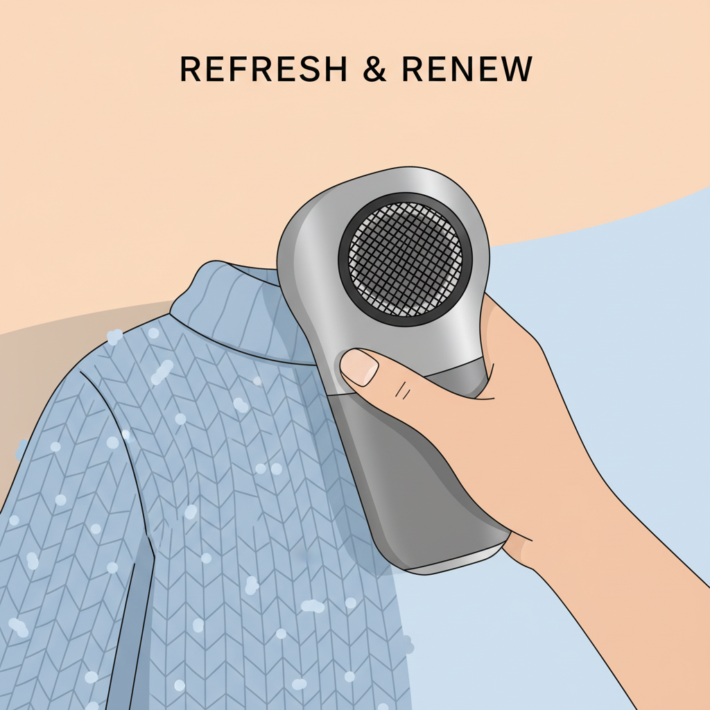 A stylized, flat illustration showing a hand holding a modern, sleek fabric shaver (fusselrasierer) gliding gently over a section of a sweater. On one side of the shaver, the sweater fabric is visibly covered in pilling, and on the other, it is smooth and clean. The background is simplistic, perhaps a soft pastel color, focusing all attention on the shaver in action and the contrast between the before and after fabric textures. The shaver should have a contemporary design.