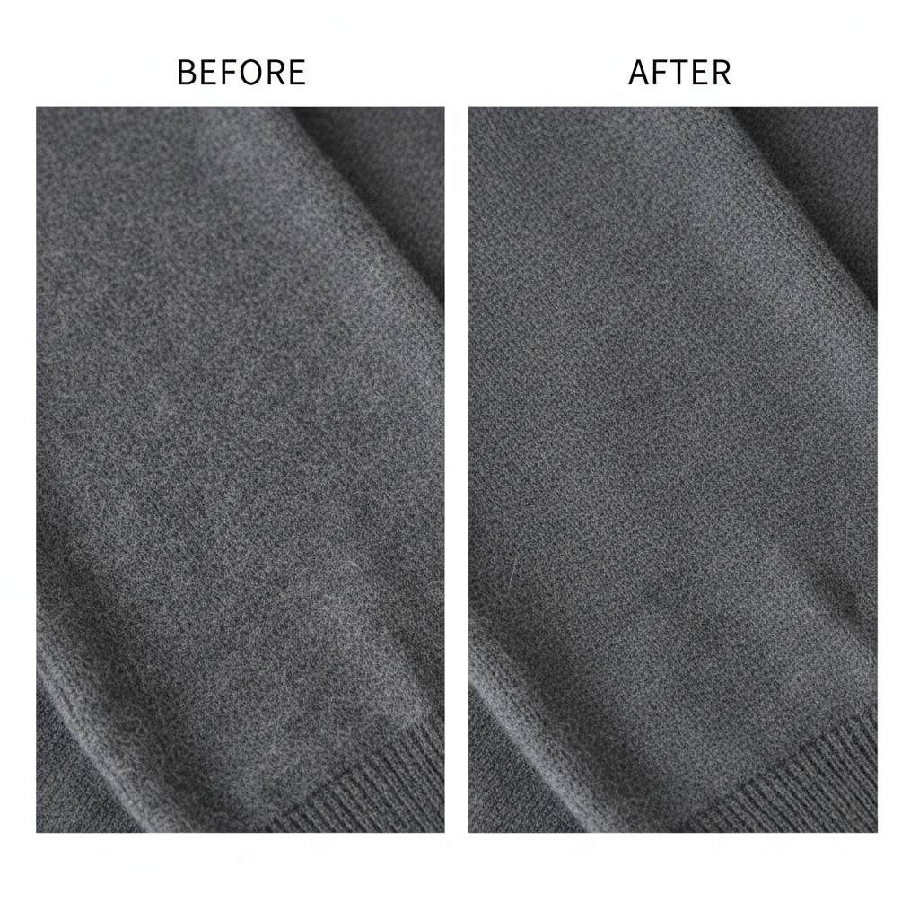 A visual comparison grid, rendered as a clean, professional product photography style. The left panel shows a section of a garment heavily covered in pilling. The right panel shows the identical section of the garment, now completely smooth and refreshed, with all pilling removed. This 'before & after' shot should clearly demonstrate the effectiveness of pilling removal, possibly hinting at a variety of methods by not showing a specific tool, but rather the end result. The fabric should appear soft and inviting in the 'after' shot.