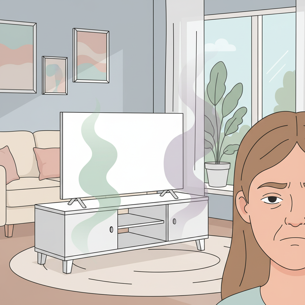 A comfortable, modern living room scene. A brand new, sleek piece of plastic furniture (e.g., a TV stand or a storage unit) is centrally placed. From this furniture, a subtle, wavy, unpleasant aura or vapor (represented by faint green or purple hues) is emanating, spreading slightly into the air. In the background, a person (partially visible) wrinkles their nose slightly, indicating discomfort. The overall mood is domestic but with a hint of something off. Flat illustration, clean lines, soft color palette.