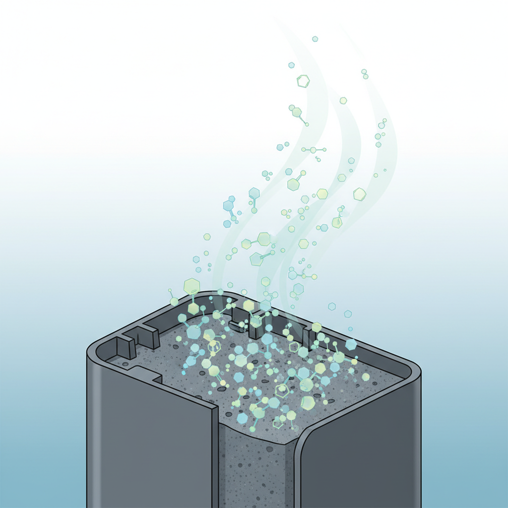 A close-up, cutaway view of a generic plastic product, perhaps a new electronic device or a plastic container. Microscopic, stylized chemical symbols (like small, geometric molecules, e.g., hexagons, circles) are shown actively 'outgassing' or escaping from the material's surface and rising into the air around it. The background is simple and clean, highlighting the emission process. The visual emphasizes the invisible compounds becoming airborne. Scientific infographic style illustration, precise, crisp vectors, use of subtle gradients for movement.