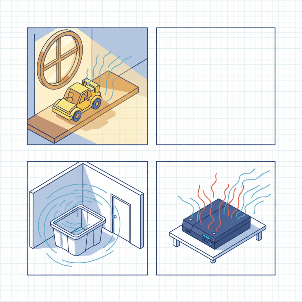 A multi-panel or isometric diagram illustrating three distinct factors that intensify plastic odor. Panel 1: A plastic item bathed in warm, yellow sunlight coming through a window, with subtle heat waves radiating. Panel 2: A closed, stuffy room with stagnant air, indicated by still air currents around a plastic object. Panel 3: A warm electronic device (e.g., a laptop or game console) made of plastic, emitting subtle heat. Each scenario clearly shows a factor accelerating the emission of faint, wavy smell lines. Stylized technical illustration, clean, informative, isometric perspective.