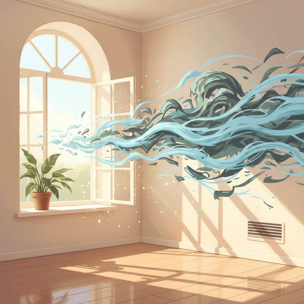 An indoor scene, perhaps a corner of a room, where an invisible, wavy cloud of unpleasant plastic smell (represented by abstract dark grey or green lines/shapes) is visibly dispersing. A fresh gust of wind, depicted by light blue, dynamic lines, enters through an open window or flows from a subtle air vent, actively pushing and breaking apart the smell cloud. The overall image conveys air circulation and purification, with a sense of relief. Digital painting, atmospheric, dynamic, with a focus on contrasting air movements.