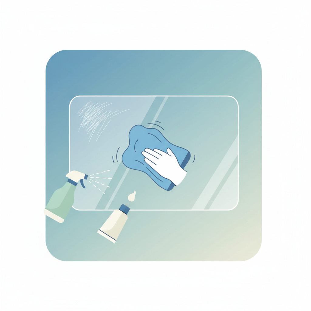 A modern, clean flat illustration depicting the process of refreshing a Plexiglas surface. The central element is a rectangular piece of clear Plexiglas, with one section clearly showing fine surface scratches. Adjacent to this, a soft microfibre cloth is depicted in motion, actively polishing another section of the Plexiglas, making it appear smoother. Accompanying elements include a gentle stream of water from a generic spray bottle icon and a tube of polishing compound. The color palette is soft and inviting, emphasizing cleanliness and transformation.