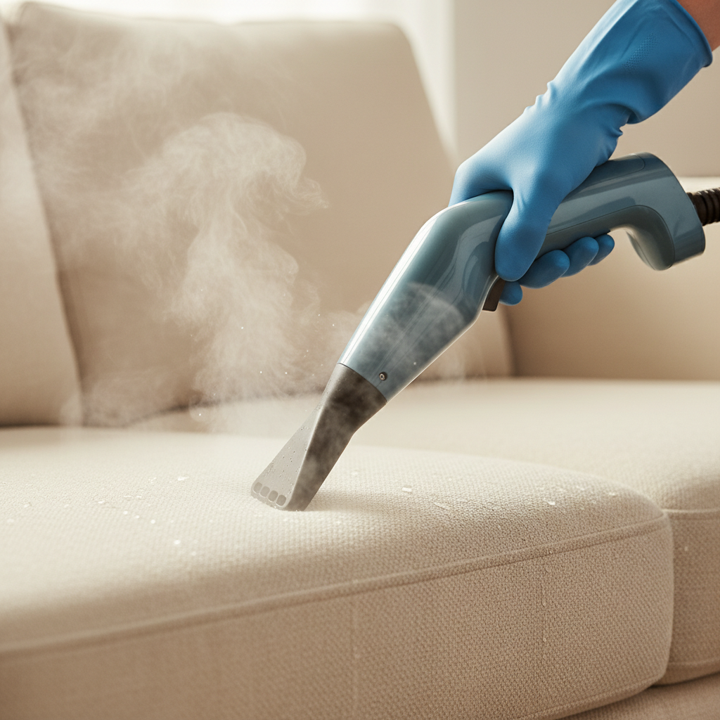 A dynamic close-up shot of a modern steam cleaner in action on an upholstered surface. The image focuses on a hand holding the ergonomic nozzle attachment firmly against a fabric sofa cushion. Visible plumes of hot, fine steam are gently emanating from the attachment, interacting with the fabric. Light reflects off the steam and the slightly moistened fabric, showcasing the cleaning process in motion. The background is softly blurred, keeping the focus entirely on the steam cleaner and its immediate effect on the upholstery. Style: A professional, clear photograph with crisp details.
