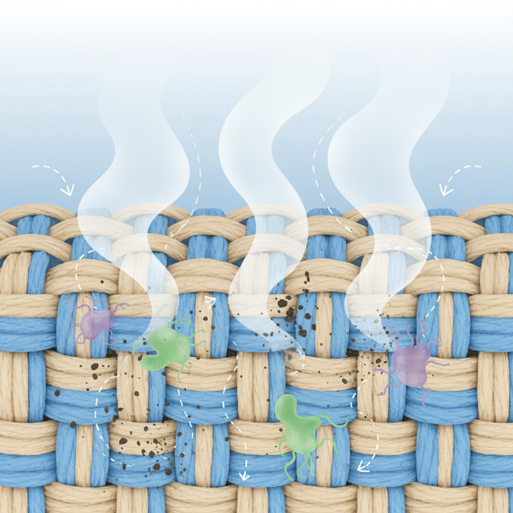 An illustrative diagram depicting the microscopic action of steam cleaning within fabric fibers. The image should feature a simplified cross-section of upholstery fabric, showing interwoven threads. Tiny abstract representations of dirt particles and microorganisms (e.g., small dark specks, abstract bacteria shapes) are embedded within the fibers. Hot steam, represented by wavy lines or translucent clouds, penetrates the fabric, visually dislodging the dirt and neutralizing the microbes. The overall aesthetic is a clean, informative infographic-style illustration, using subtle arrows or movement lines to convey the deep cleaning and sanitizing effect.