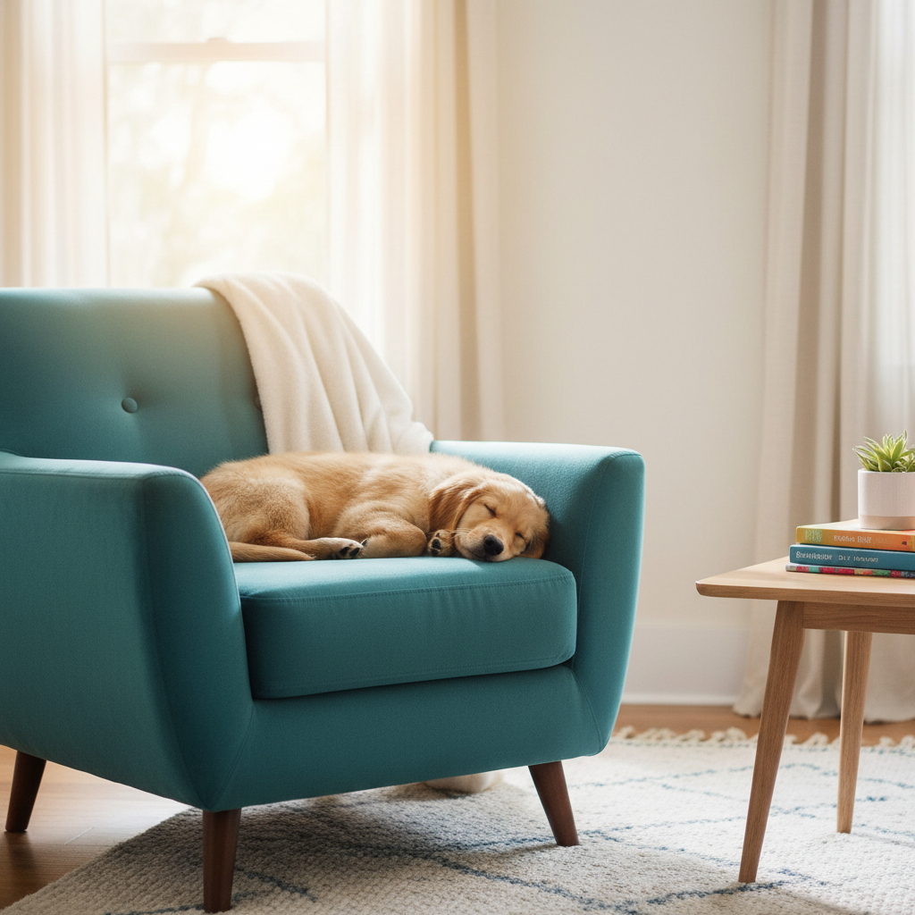 A warm and inviting scene of a beautifully clean and fresh living room. The central focus is a pristine, vibrant upholstered sofa or armchair, looking spotless and newly cleaned. Sunlight streams through a window, illuminating the furniture and creating a sense of freshness and hygiene. Perhaps a child or a pet is comfortably relaxing on or near the sparkling clean upholstery, implying a healthy and safe environment. The overall impression is one of comfort, cleanliness, and well-being. Style: Bright, optimistic lifestyle photograph with a shallow depth of field.