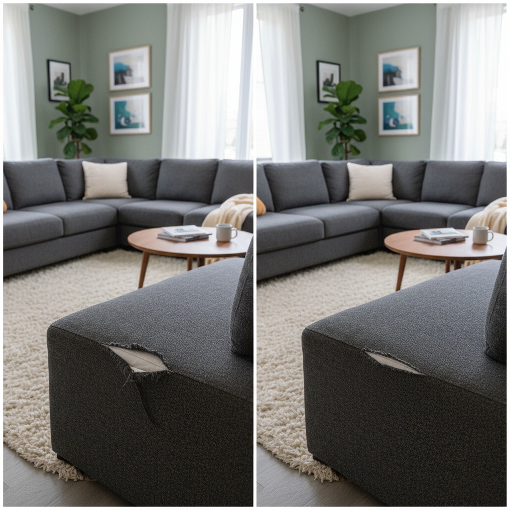 A cozy living room scene featuring a modern sofa. One section of the sofa clearly displays a small, noticeable tear or loose seam on a cushion, showing frayed edges. Adjacent to it, or in a subtle split image, the same sofa appears pristine and perfectly mended, with the seam flawlessly intact. This visual emphasizes the significant aesthetic transformation achieved through careful repair, enhancing the overall comfort and appeal of the furniture piece. Professional photo.