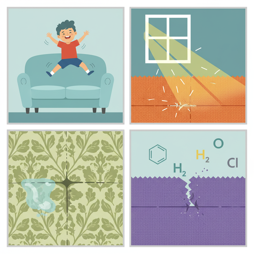 A multi-panel, clean flat illustration depicting various common factors leading to upholstery seam damage. One panel shows a child playfully bouncing on a sofa cushion. Another panel illustrates strong sunlight streaming through a window onto a fabric surface, suggesting UV exposure. A third shows a subtle spill on upholstery, indicating moisture. The final panel shows abstract chemical symbols near a fabric swatch, hinting at chemical degradation. The style should be modern and infographic-like.