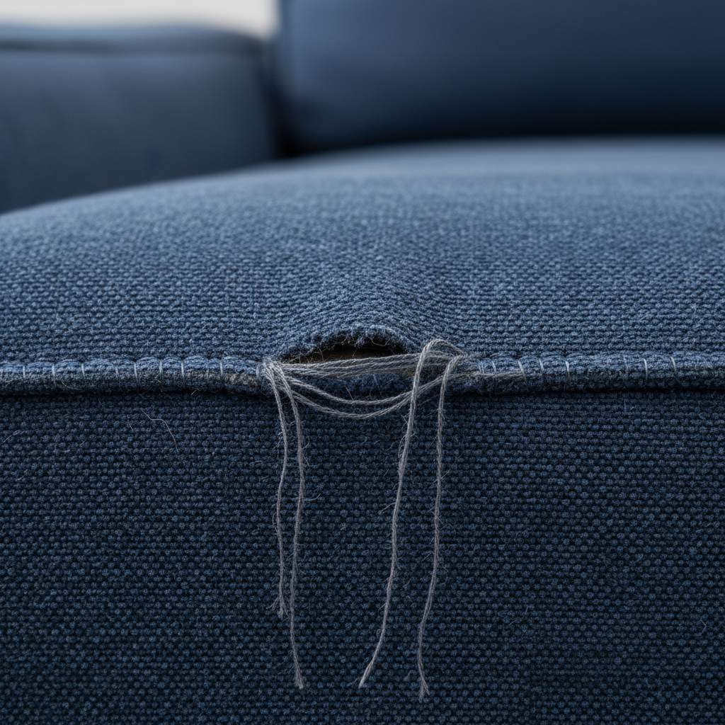 A high-detail, close-up photographic image focusing intensely on a critical section of a sofa seam. A few individual threads are clearly visible, beginning to pull away and unravel from the main seam line, forming a small, vulnerable gap in the fabric. The image should convey the delicate balance of the seam's integrity and the potential for a small issue to quickly worsen, emphasizing structural weakness. Professional studio photography.