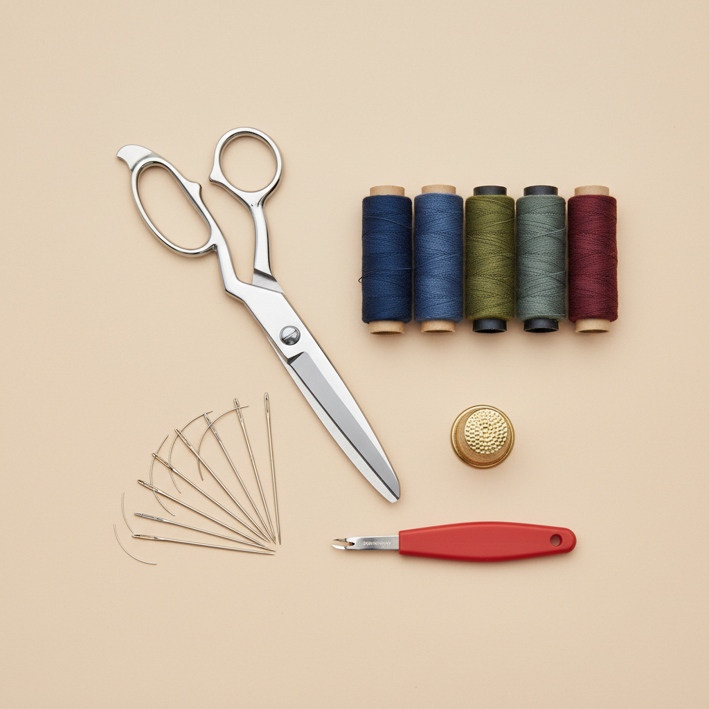 A clean, overhead studio photograph showcasing a neatly arranged collection of essential upholstery repair tools on a smooth, neutral-toned surface. Prominently displayed are a sharp pair of fabric scissors, spools of durable upholstery thread in various colors, an assortment of hand-sewing needles (including straight and curved types), a protective thimble, and a small seam ripper. The setup emphasizes readiness and careful preparation. Bright and crisp product photography style.