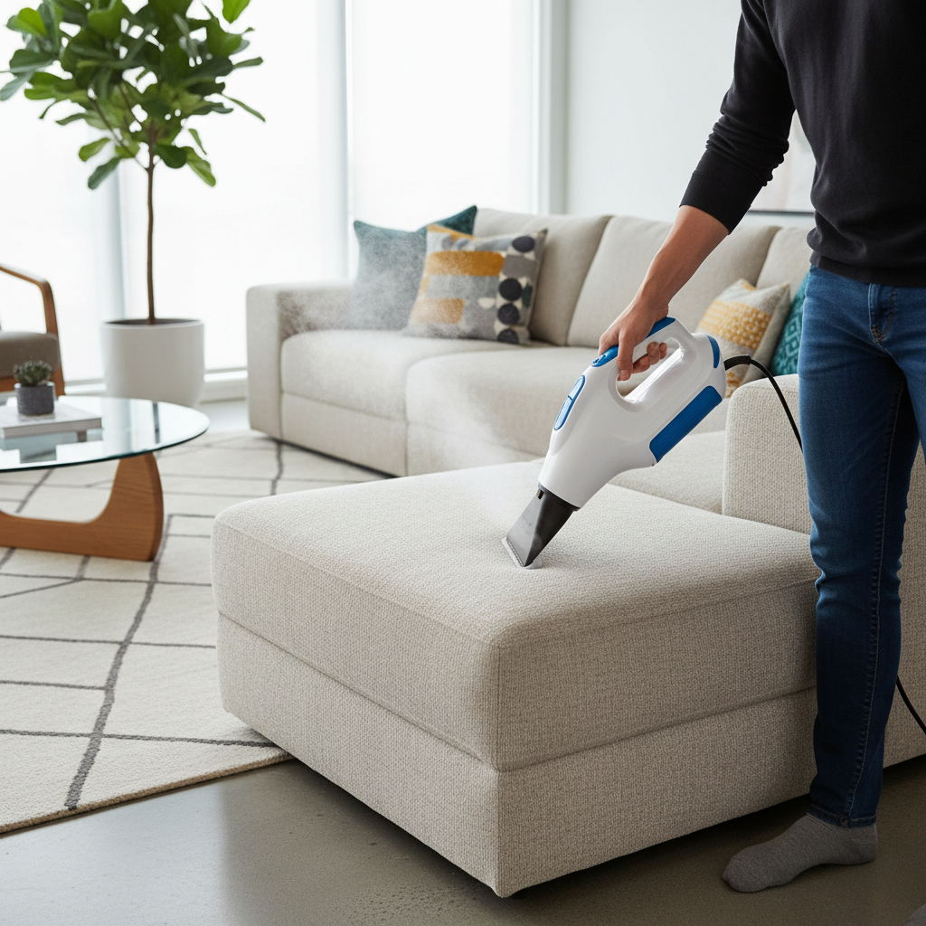 A vibrant, modern living room scene where a person is actively using a handheld steam cleaner on a section of a stylish, light-colored sofa. One half of the sofa cushion appears noticeably cleaner and fresher, with brighter fabric, while the other half subtly shows prior dirt or dullness, visually emphasizing the cleaning progress. The steam from the cleaner is subtly visible, indicating its action. Professional photo style, with a bright and inviting atmosphere.