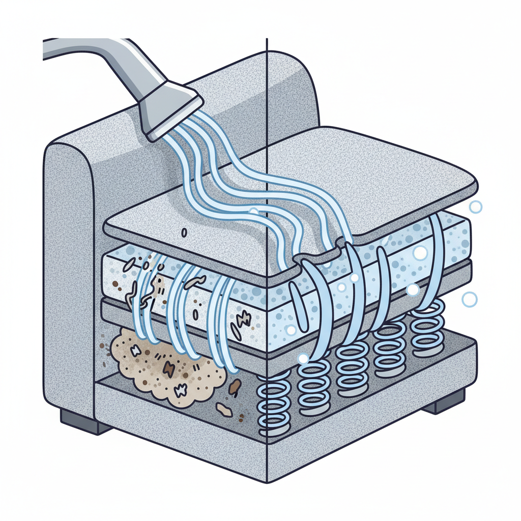An infographic-style illustration depicting a detailed cross-section of an upholstered sofa cushion. A steam cleaner's nozzle is aimed at the fabric surface, showing hot steam penetrating deep into the textile fibers. Stylized, wavy lines illustrate the steam lifting dirt particles, allergens, and bacteria from within the fabric. On one side, the fibers appear visibly dirty; on the other, they are clean and refreshed. Clean, technical, and illustrative style with clear visual distinction.